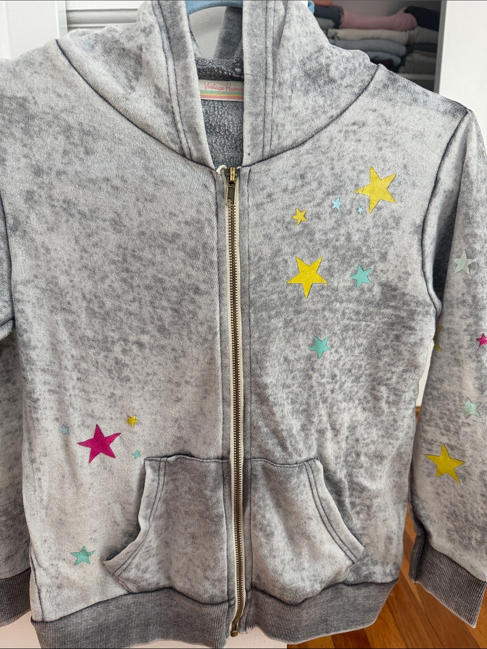 Vintage Havana Grey Zip Hoodie with Yellow, Teal & Pink Stars - Picture 4 of 4